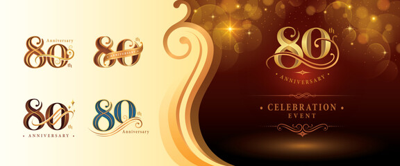 Set of 80th Anniversary logotype design, Eighty years Anniversary Logo, Elegant Classic Logo, Luxury Vintage and retro Serif Number 80, Celebrating Anniversary Logo for Congratulation event invitation