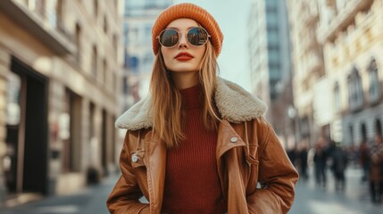 Carefree blonde young woman with short haircut in stylish eyewear for eyes protection fascinated with New York urbanity in Manhattan, youthful female in leather jacket enjoying big city casual lifr