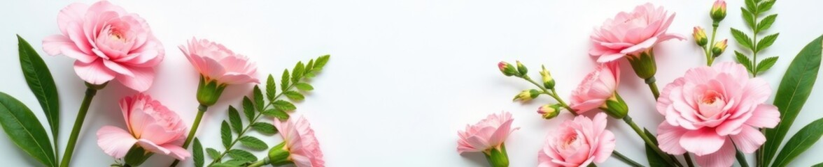 Obraz premium A flat lay of soft pink carnations with some greenery and fresh ferns on a white background, pastel colors, natural, ferns
