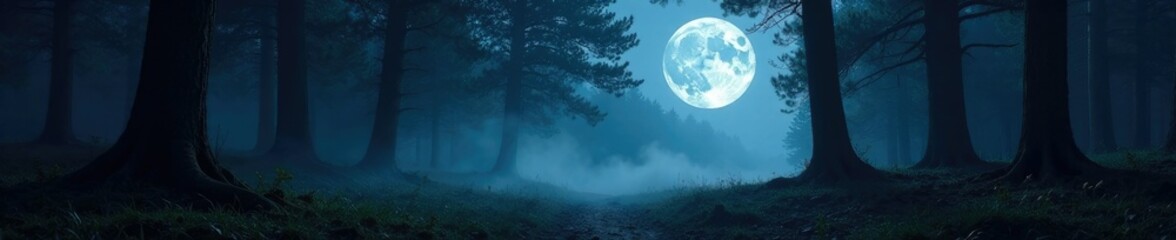 Fototapeta premium A full moon shining on a dark and misty forest floor, silvery light, magical, forest floor