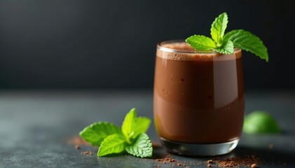 A glass of dark chocolate smoothie with a sprig of fresh mint leaves on top, refreshing, mint
