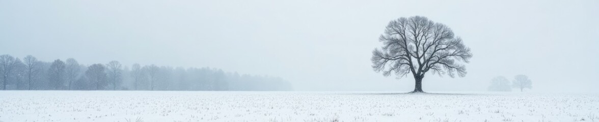 Fototapeta premium A lone tree in a snow-covered farm field with bare trees surrounding it, snow, wintry