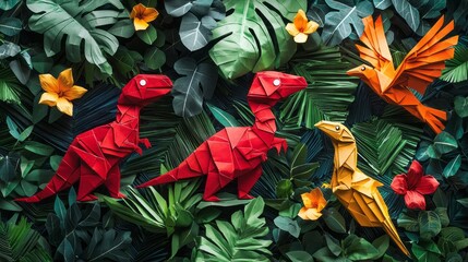 Intricate origami animals playfully inhabit a lush, tropical setting, surrounded by greenery and bright flowers