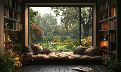 Cozy window seat in a library overlooking a rain-swept garden.