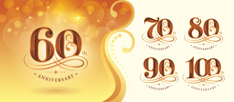Set of 60 to 100 years Anniversary logo design, Sixty to Hundred years Celebrating Anniversary Logo, Gold curved lines dots Elegant Classic Logo, 60,70,80,90,100, Luxury  numbers for Congratulation