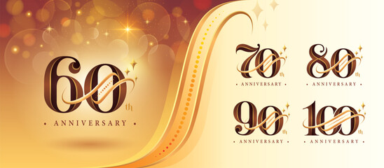 Set of 60 to 100 years Anniversary logo design, Sixty to Hundred years Celebrating Anniversary Logo, Gold curved lines Star Elegant Classic Logo, 60,70,80,90,100 Luxury numbers Congratulation event