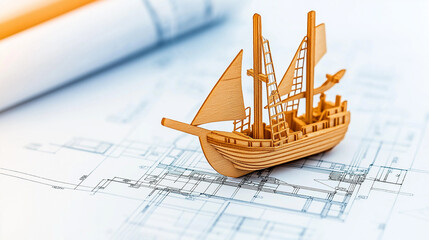 Sailing into the Future: A small wooden ship model rests atop blueprints, symbolizing ambition, progress, and the journey toward new horizons in the world of architecture and engineering.