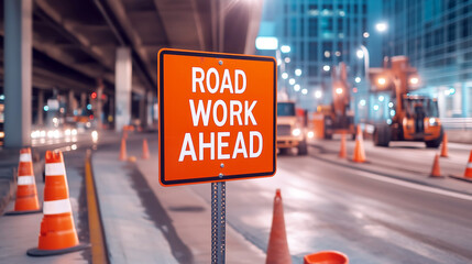 Urban night road work scene with bright orange warning sign and traffic cones
