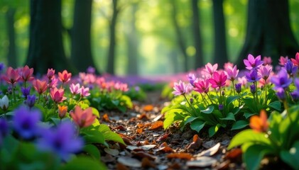 Fototapeta premium Colorful flowers and leaves in the forest floor, purple, nature, trees