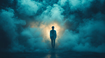 Silhouette of person facing glowing light bulb in clouds symbolizing creative ideas and personal growth with minimalistic bright light tone modern blurred background and empty caption space

