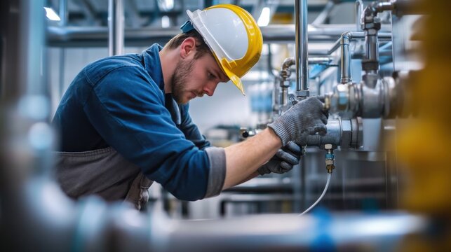 A focused image of a plumber installing piping systems in a commercial building, Plumbing installation scene, Practical and systematic style