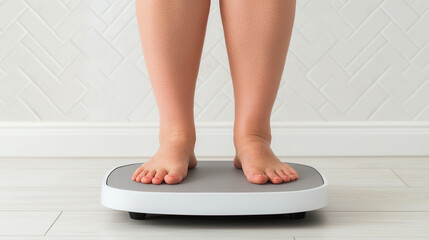 Exercise drives weight loss progress. Person standing on a scale in a bright, modern room.