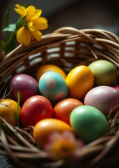 Colorful easter eggs in a decorative basket easter egg holiday illustration celebration easter