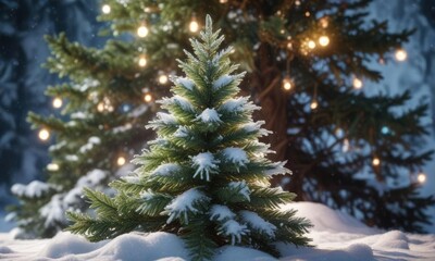 Sparkling ice and snow around a fir Christmas tree, winter wonderland, frozen lakes