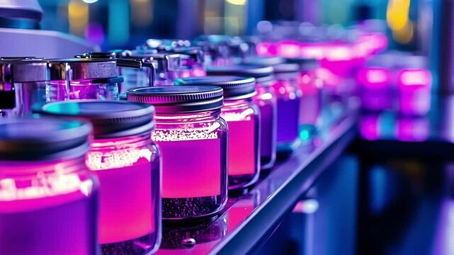 Closeup of a small labeling machine efficiently placing ecofriendly labels on a series of locally produced jars the bright colors of the labels standing out.