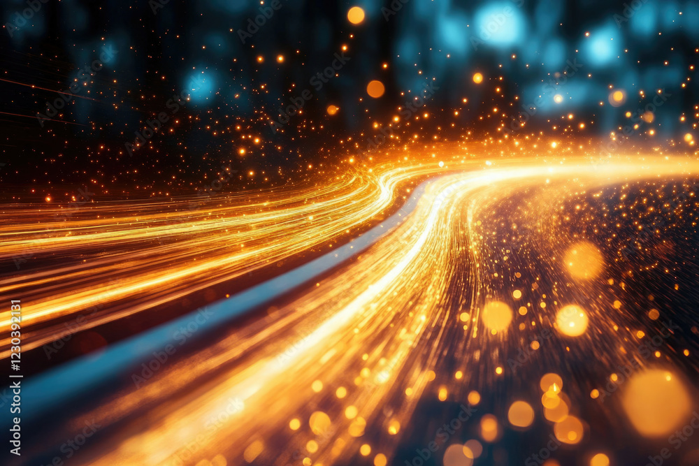 Poster A mesmerizing abstract image of glowing, golden streaks of light curving through a dark, glittering space, creating a sense of movement and energy.