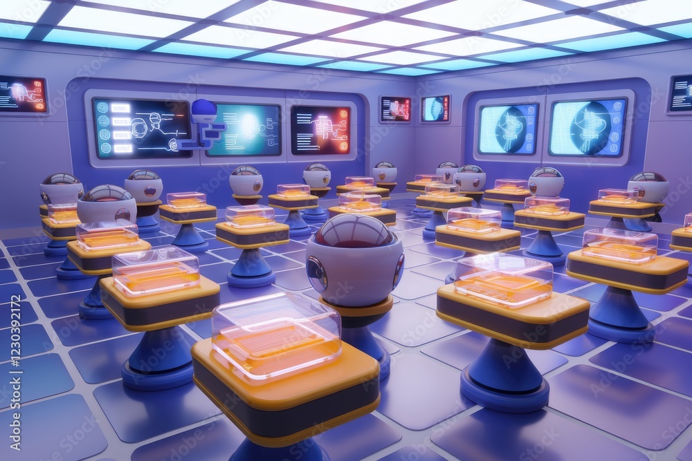 Poster Futuristic lab with numerous robotic units undergoing processing, showcasing advanced technology.