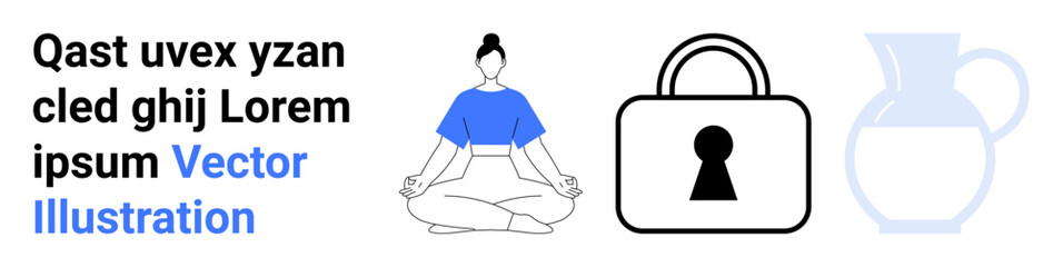 Woman meditating, security padlock, and water pitcher in a graphic composition with placeholder text. Ideal for wellness, security, hydration, relaxation, self-care, technology and lifestyle themes
