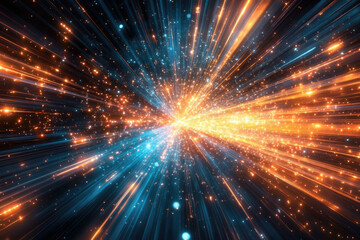 Naklejka premium A vibrant explosion of light and energy, radiating outwards in a mesmerizing cosmic display of blue and orange hues.