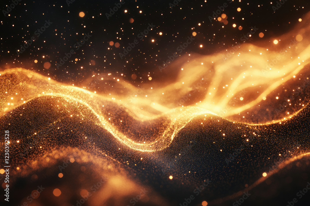 Poster Abstract golden particles flowing in dark space, creating a wave-like, luminous effect.