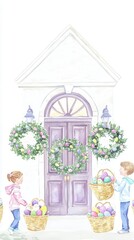 Children decorating a door for a festive occasion with baskets.