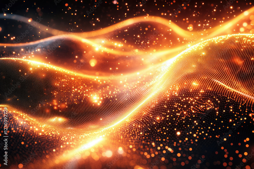 Poster Glowing orange particles form a wave-like abstract pattern, creating a dynamic and vibrant visual.