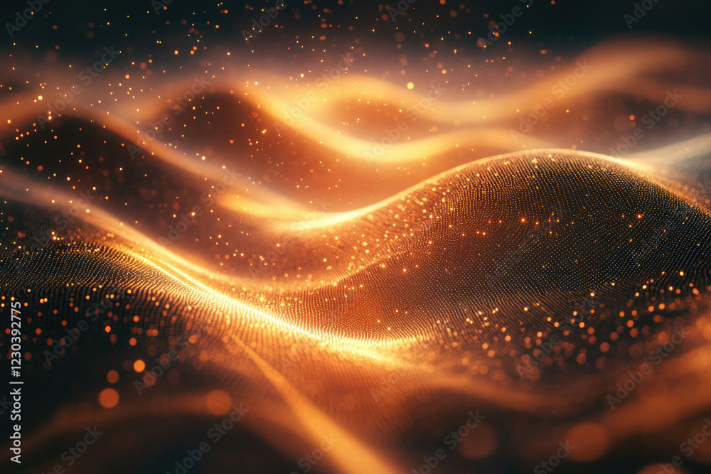 Poster Abstract digital art depicting a golden, particle-based wave, glowing and dynamic.