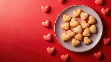 Heart shaped cookies on a plate on red background with space for text. Valentine's Day celebration, top view.