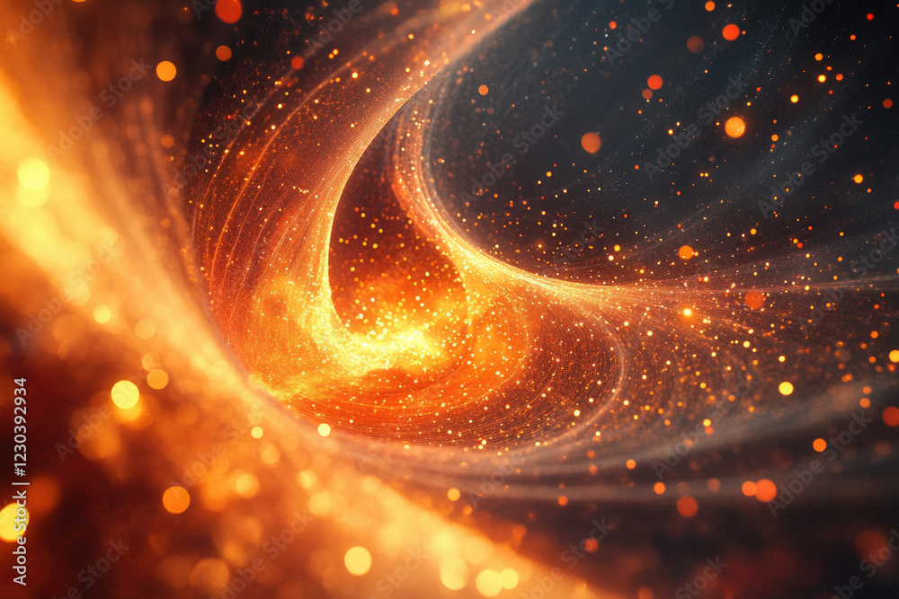 Poster abstract swirling cosmic nebula with fiery orange and gold particles, glittering bokeh effect.