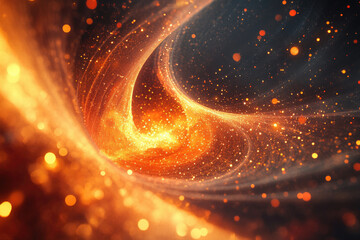 Fototapeta premium Abstract swirling cosmic nebula with fiery orange and gold particles, glittering bokeh effect.