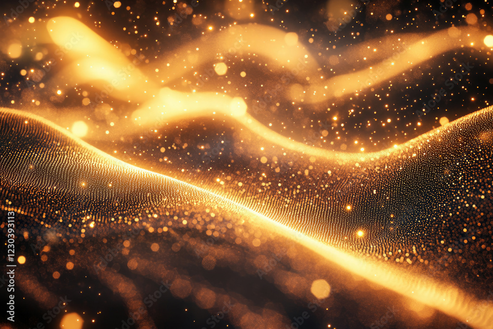 Poster abstract golden wave of shimmering particles, a luxurious and elegant design.