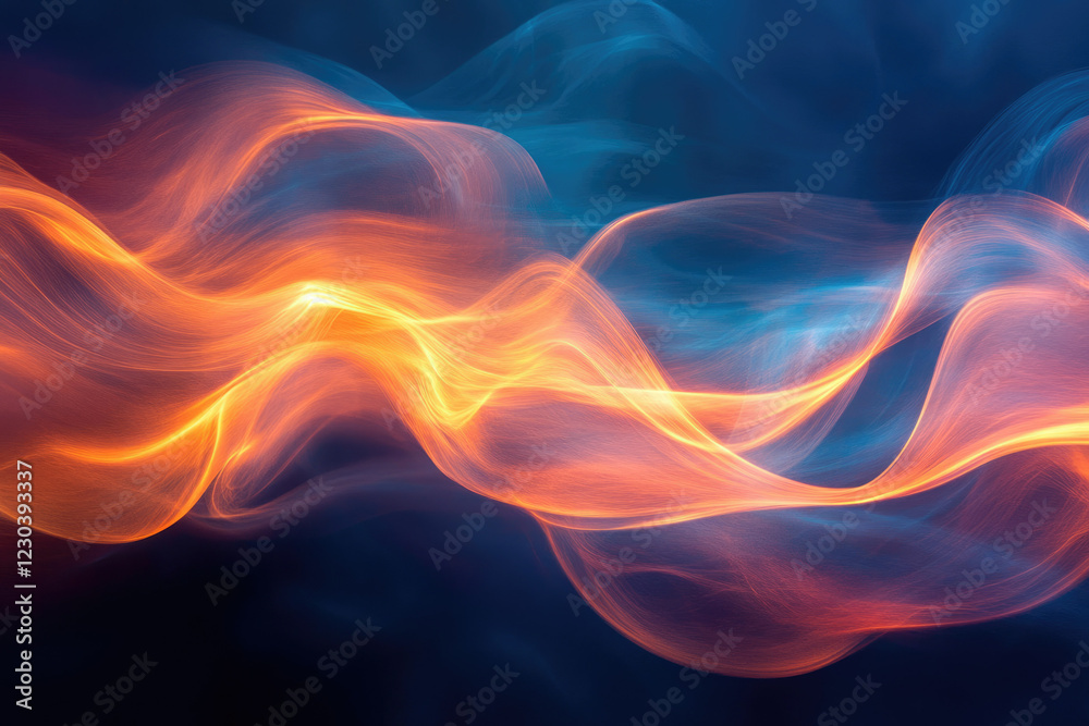 Poster Abstract art depicting flowing, luminous orange and blue waves, creating a dynamic and ethereal visual.