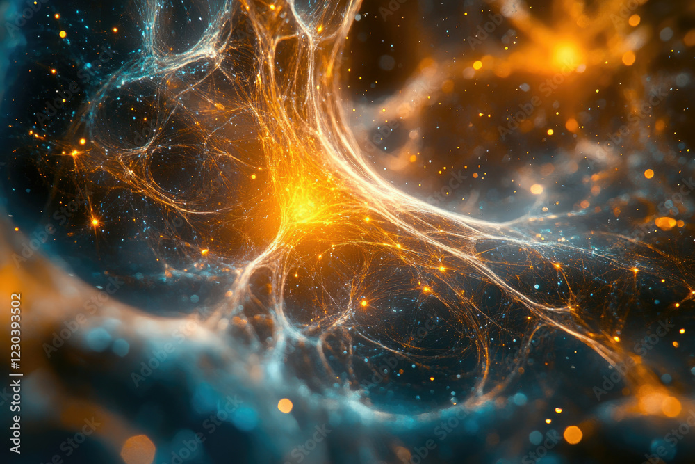 Poster Intricate network of glowing filaments and particles, resembling a cosmic web or neural network.