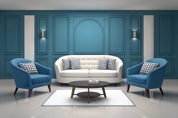 Fototapeta premium A Modern and Elegant Living Room with a Blue and White Color Palette, Featuring a Minimalist Aesthetic and Sophisticated Furniture Arrangement.
