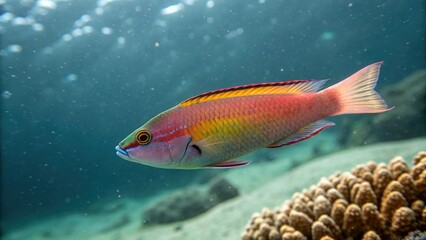 Naklejka premium Pictichromis paccagnellorum swimming in open water, Yellow and Red Stripes, Swimming Fish, Blue Body