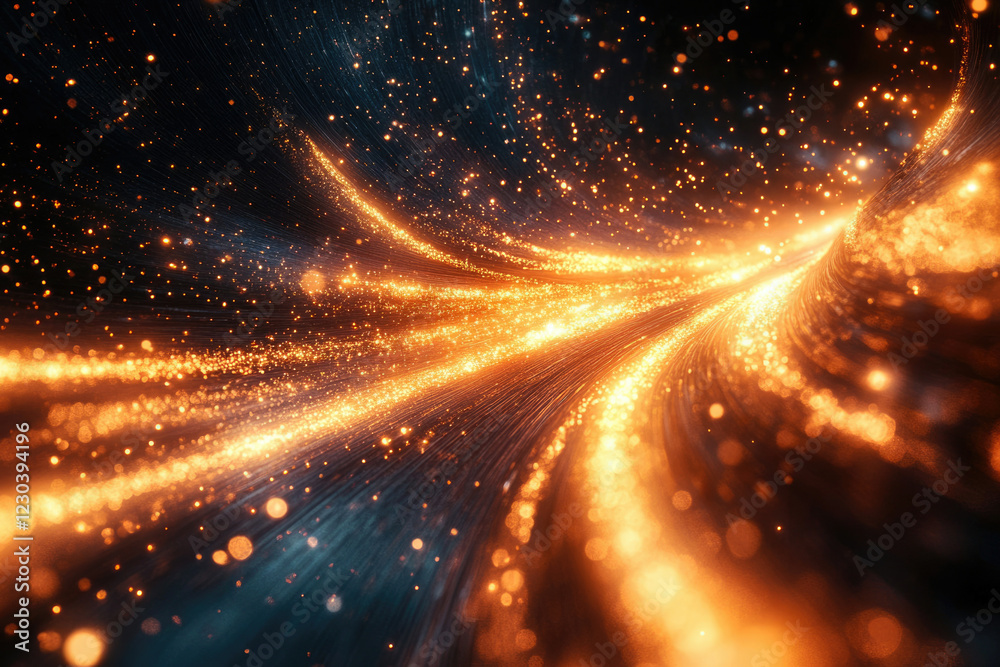 Poster Glowing golden particles swirl in a dark space, creating a dynamic and vibrant abstract background.