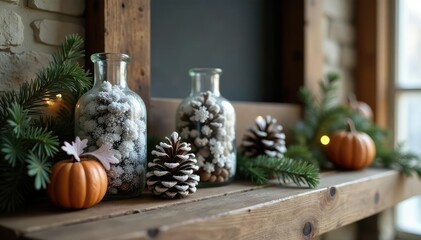 Frosty glass vases filled with frosted pinecones adorn rustic mantel shelves, autumnal accents, shelf