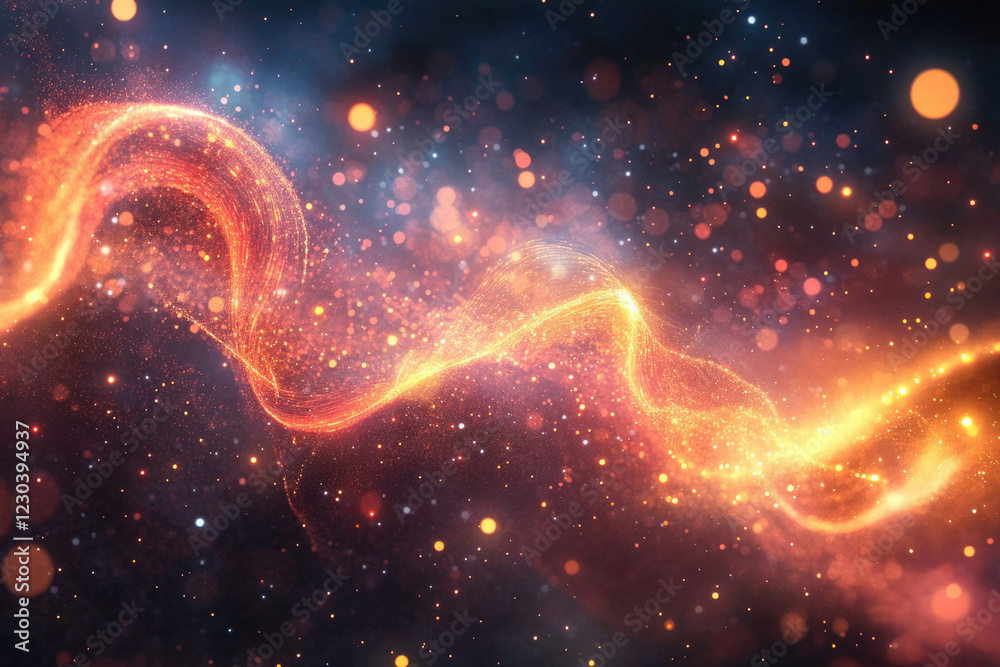 Poster glowing orange and gold particles swirl in a dark cosmic background, creating a magical and ethereal