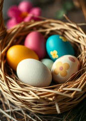 Colorful easter eggs in straw basket easter egg holiday illustration celebration easter