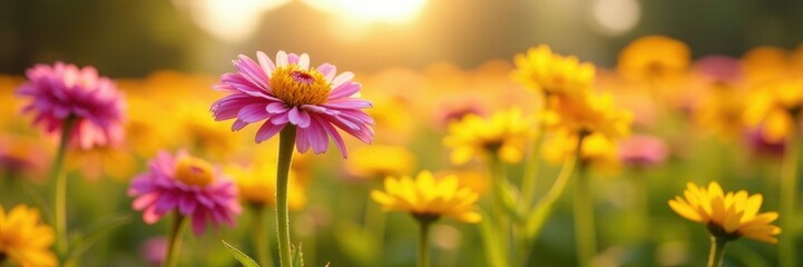 Long yellow and pink chrysanthemum blooms in field, yellow and pink, sunlight