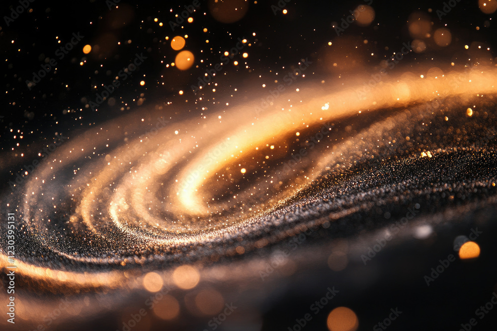 Aufkleber golden spiral galaxy with glittering particles and bokeh lights, cosmic abstract background.