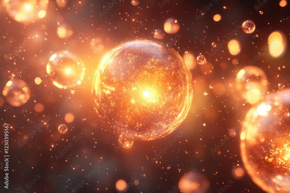 Aufkleber Glowing orbs and particles float in a dark space, creating a vibrant, cosmic scene.