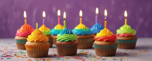 Rainbow cupcakes with individual candles placed in the center of each cupcake, party favors, special occasion sweets, colorful cupcakes