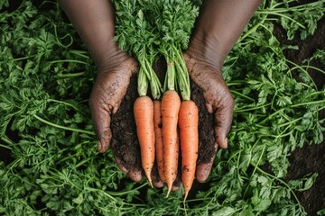Farmer holding fresh carrots and soil promoting sustainable agriculture