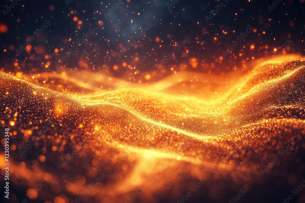 Poster Golden particles flowing like waves, creating a mesmerizing abstract background.