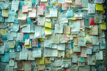 A bulletin board under warm light features postcards, sketches, and sticky notes, highlighting creativity