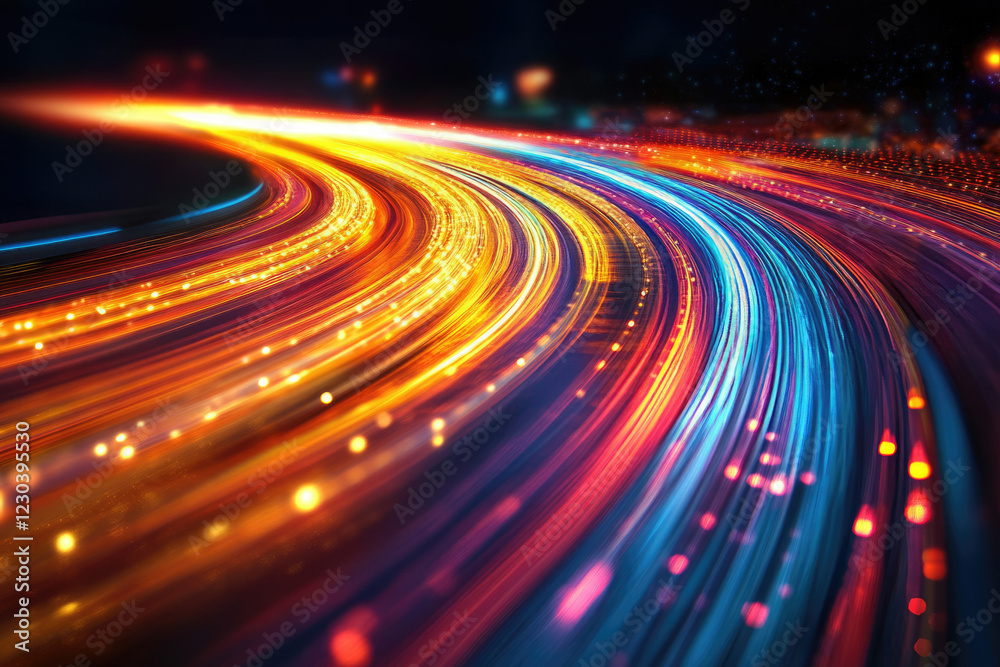 Poster abstract depiction of vibrant, dynamic light trails curving through a dark, futuristic space, sugges