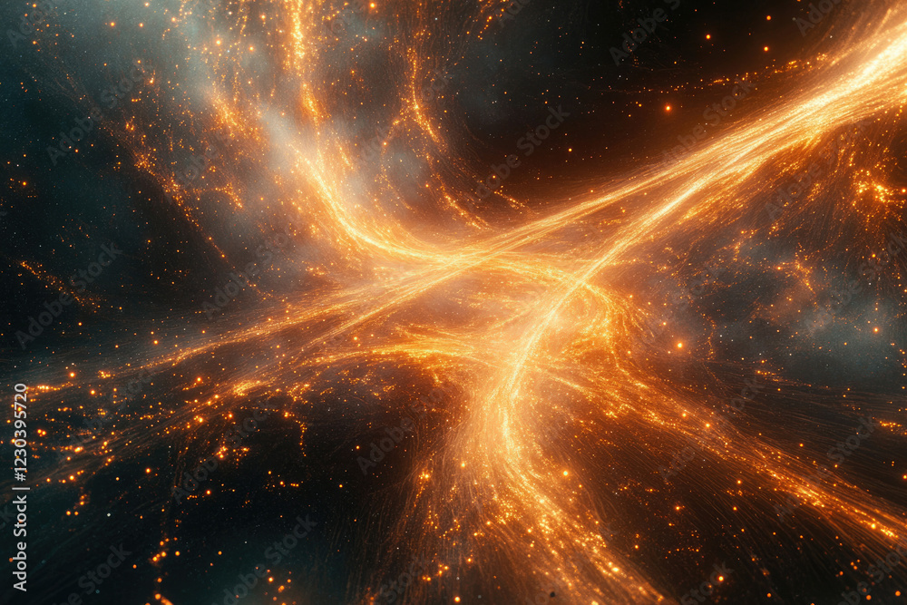 Poster abstract cosmic artwork depicting glowing energy streams and nebulae in a dark space, resembling a c