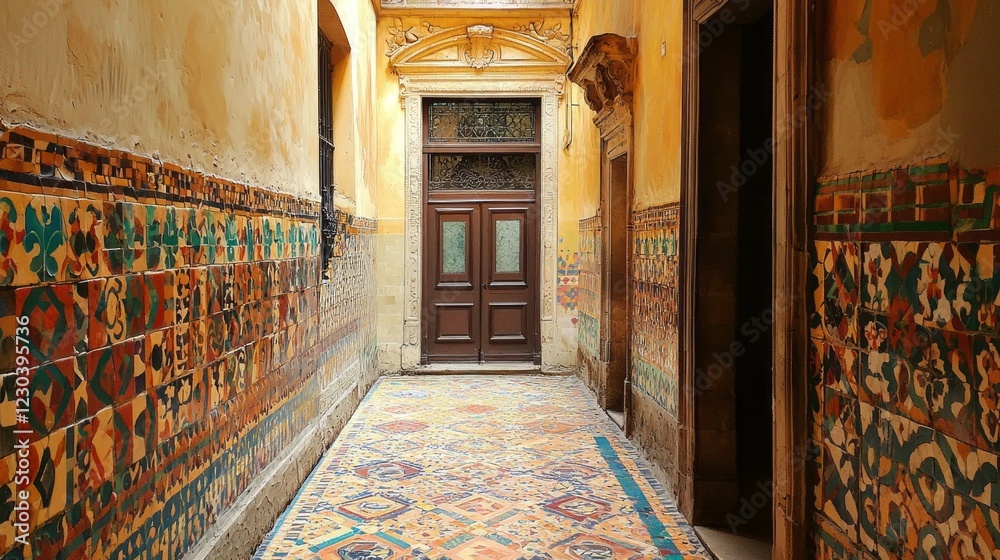 Poster vibrant ornamental tiles line a corridor, showcasing intricate patterns. the warm hues and detailed 