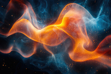 Abstract cosmic artwork depicting fiery orange and cool blue nebulae swirling in a dark space, speckled with glittering dust.